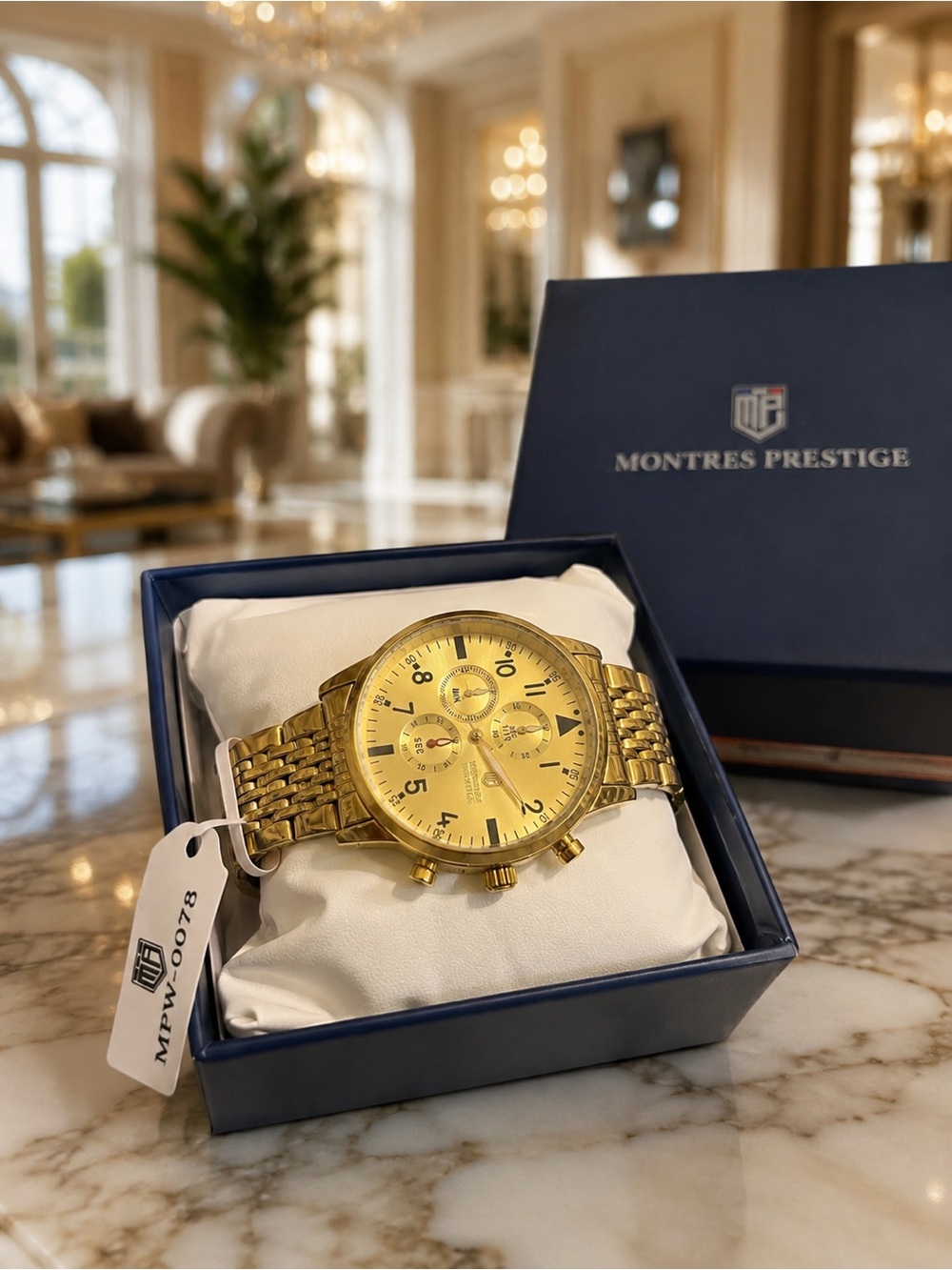 Montres Prestige MPW-0078 Men’s Gold Tone Multi-Dial Watch NWT Box - Picture 3 of 10